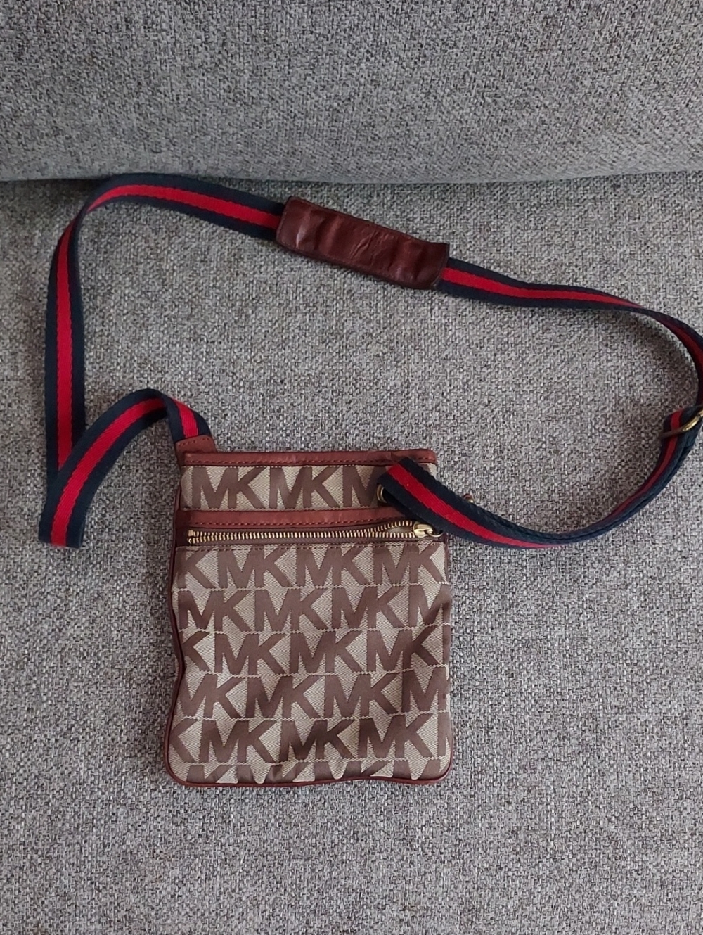 Michael Kors Brown Signature MK Crossbody with Red-Blue Stripe Strap